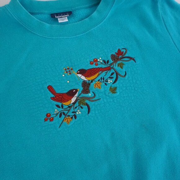 Basic Editions Teal Embroidered Birds Crewneck Sweater L - Picture 9 of 11